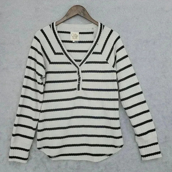 Chaser Women's Striped Long Sleeve Waffle Knit Henley Sweater Top XL 19CT - Picture 1 of 7